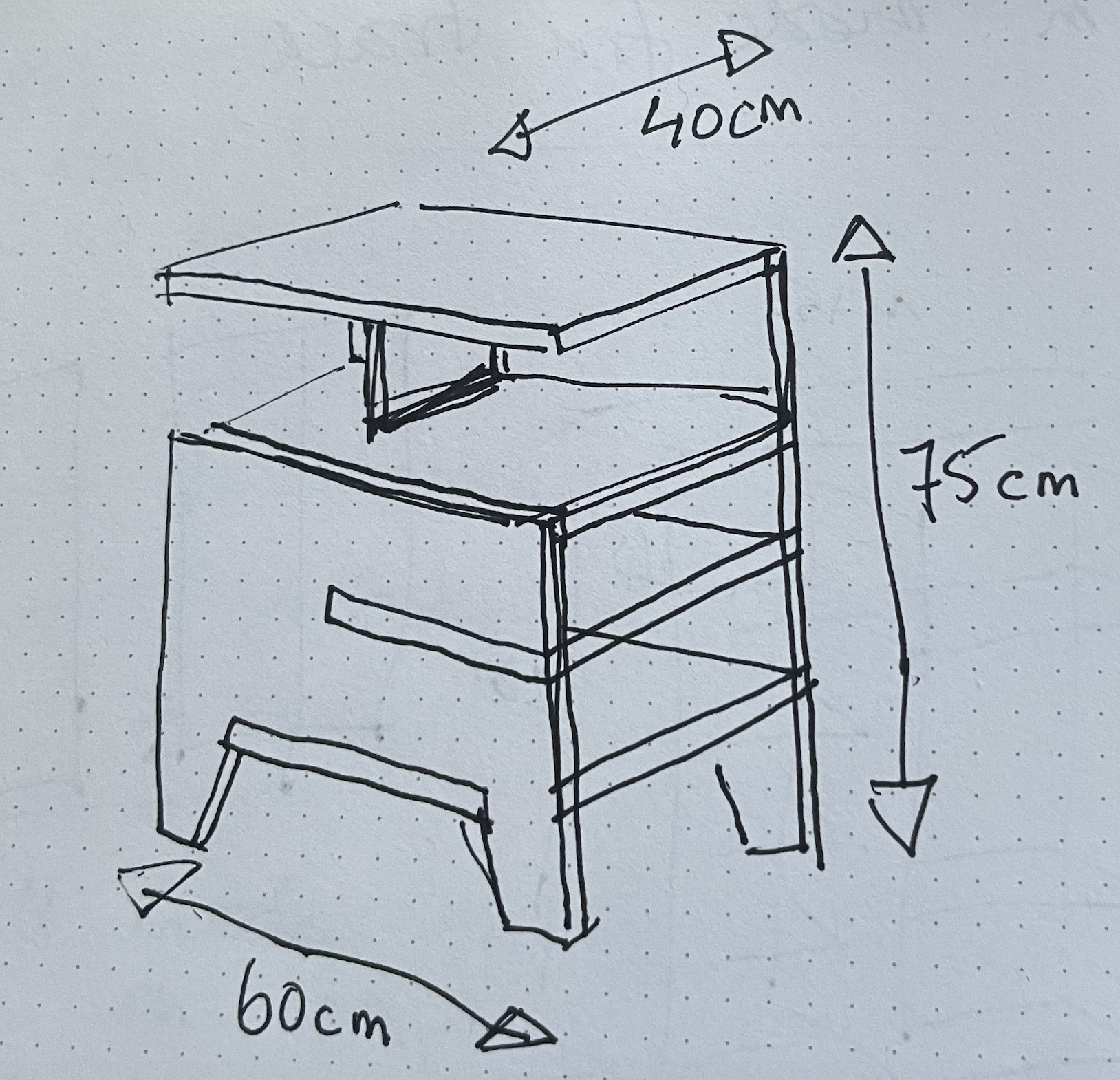 Hand-drawn furniture sketch labelled 60 centimetres wide, 40 centimetres deep and 75 centimetres high